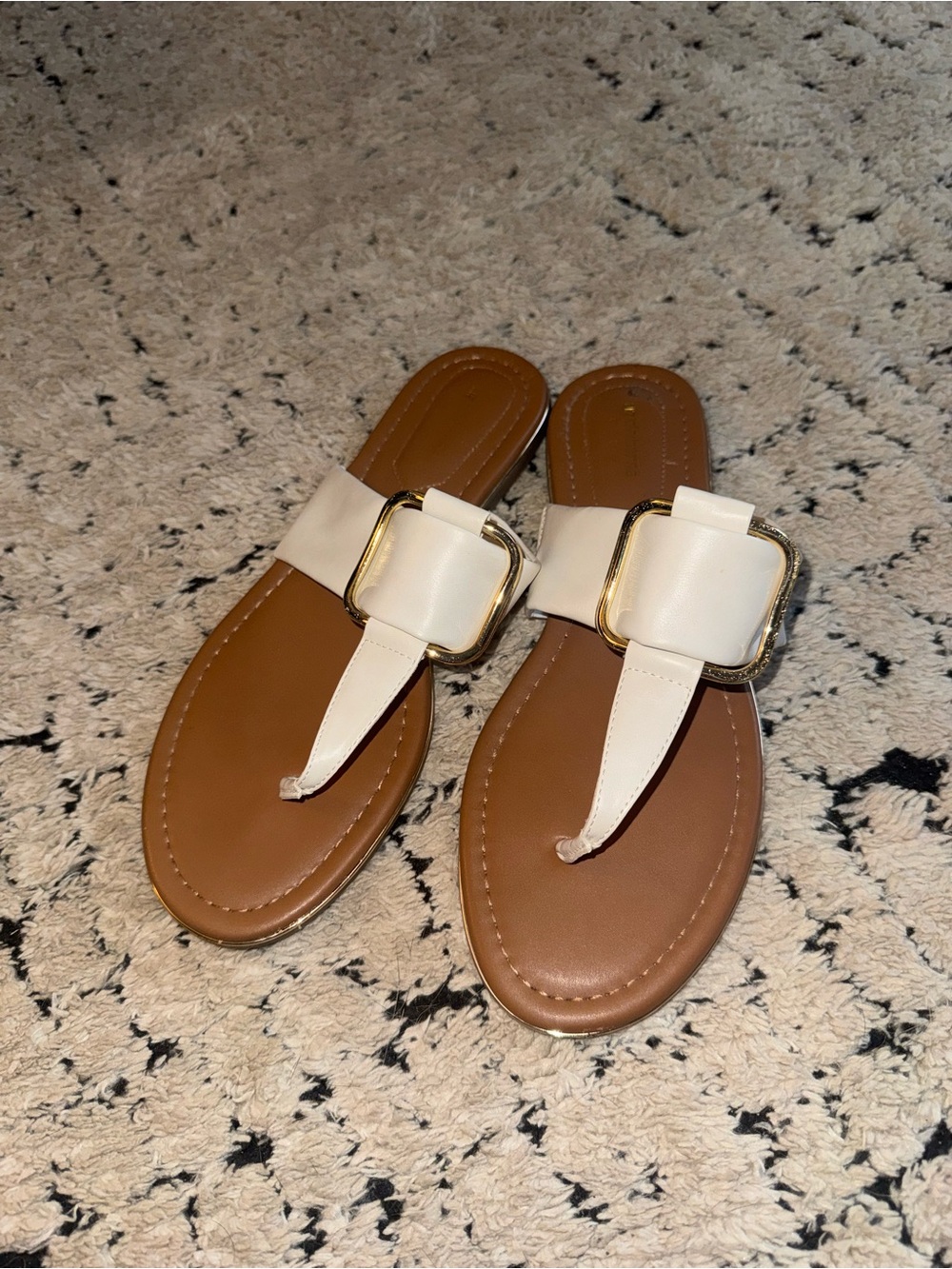 Liz Claiborne Brown Footbed Sandals with White Straps and Gold Buckles
